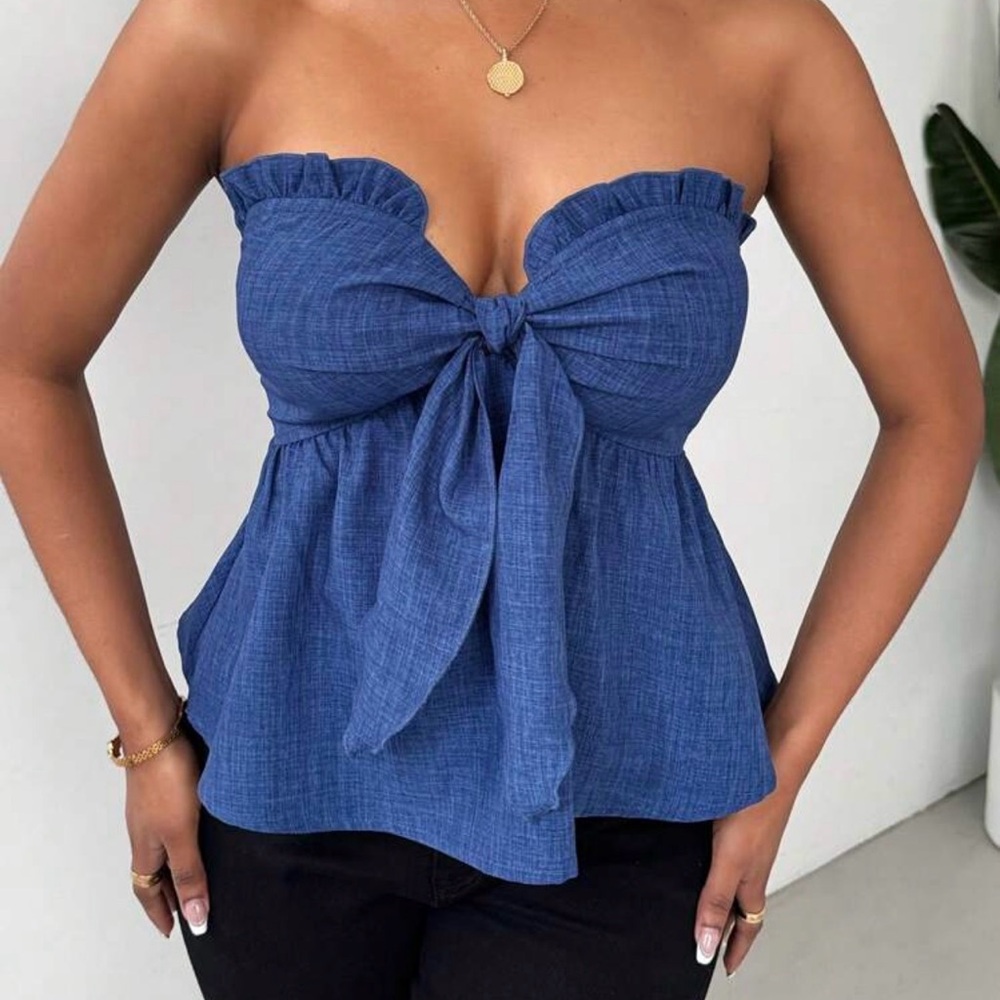 SHEIN Blue Ruffled Bow Blouse